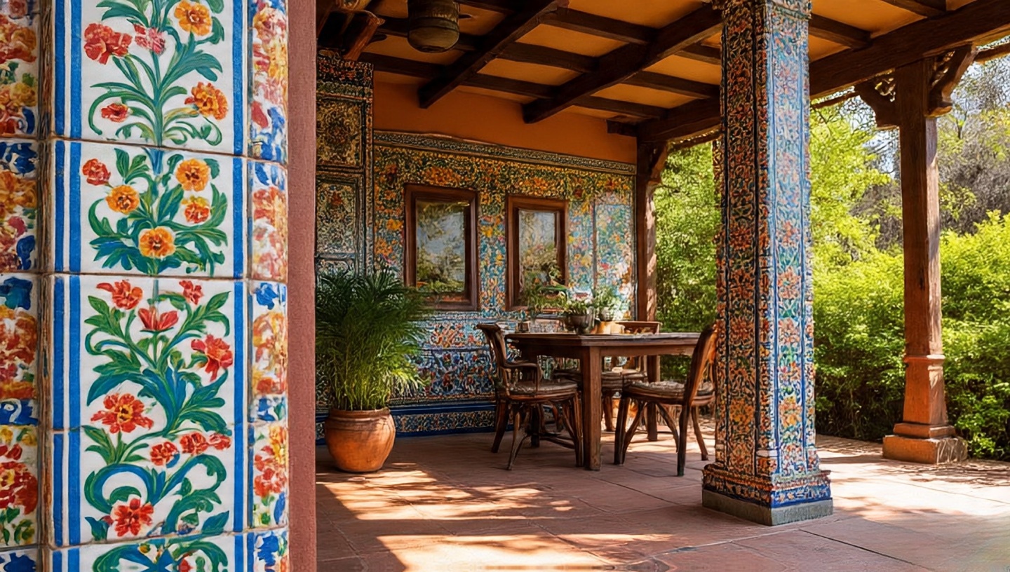 Colorful hand-painted Talavera tiles accenting Southwestern patio walls and surfaces