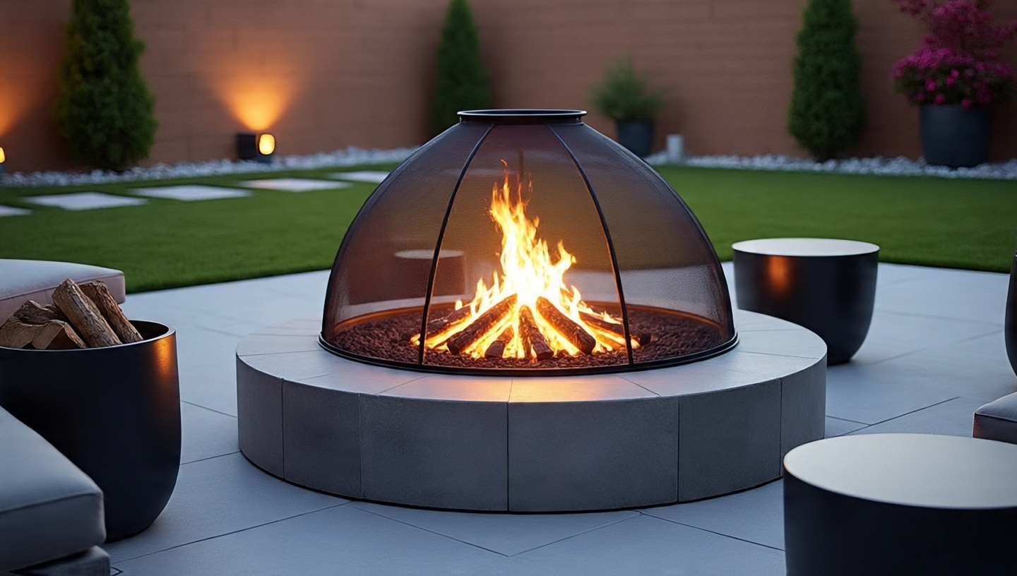 Fire pit with mesh safety cover sand bucket and clear spacing from plants and structures
