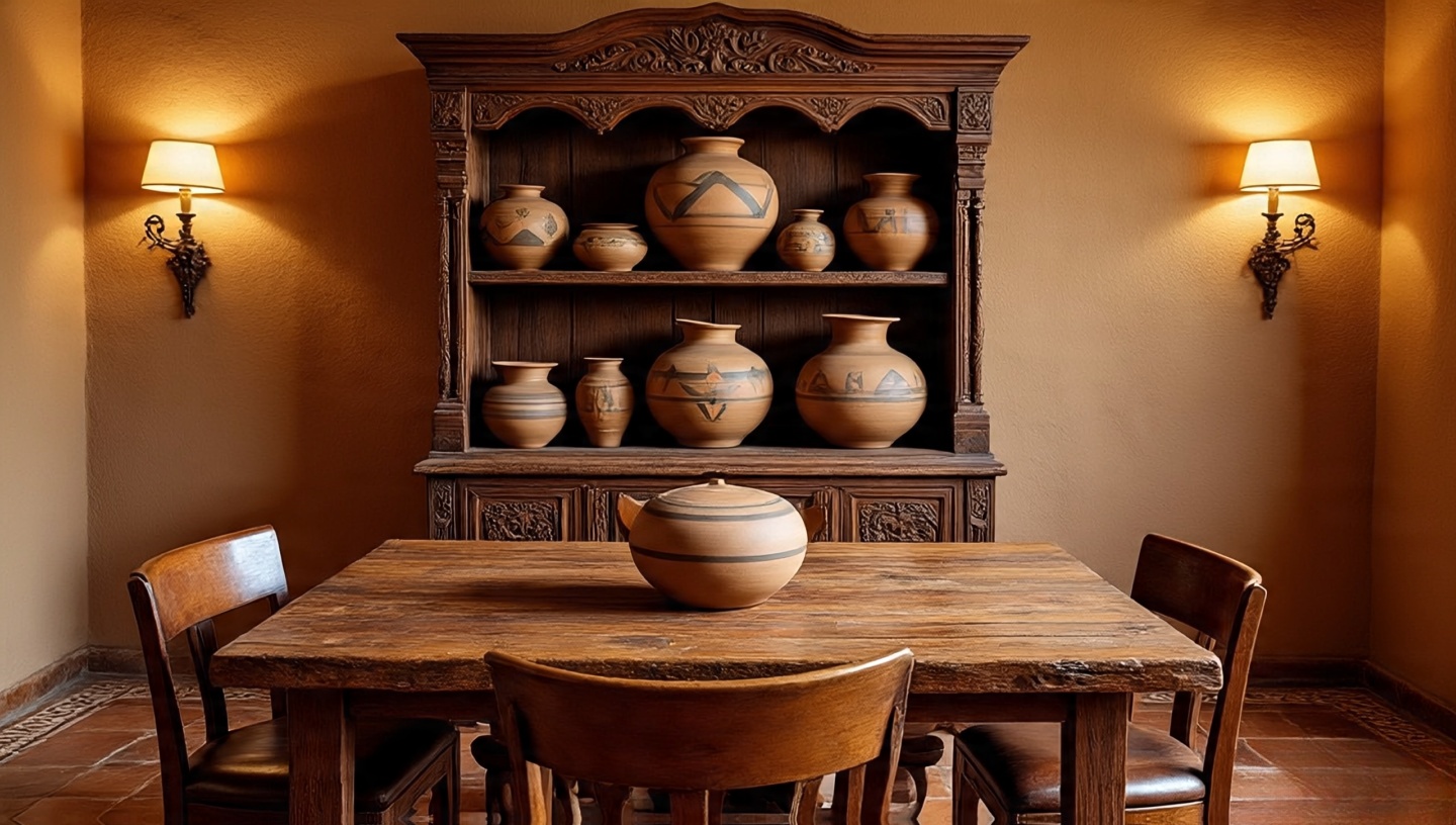 Dining room featuring a carved hutch displaying Pueblo pottery accents
