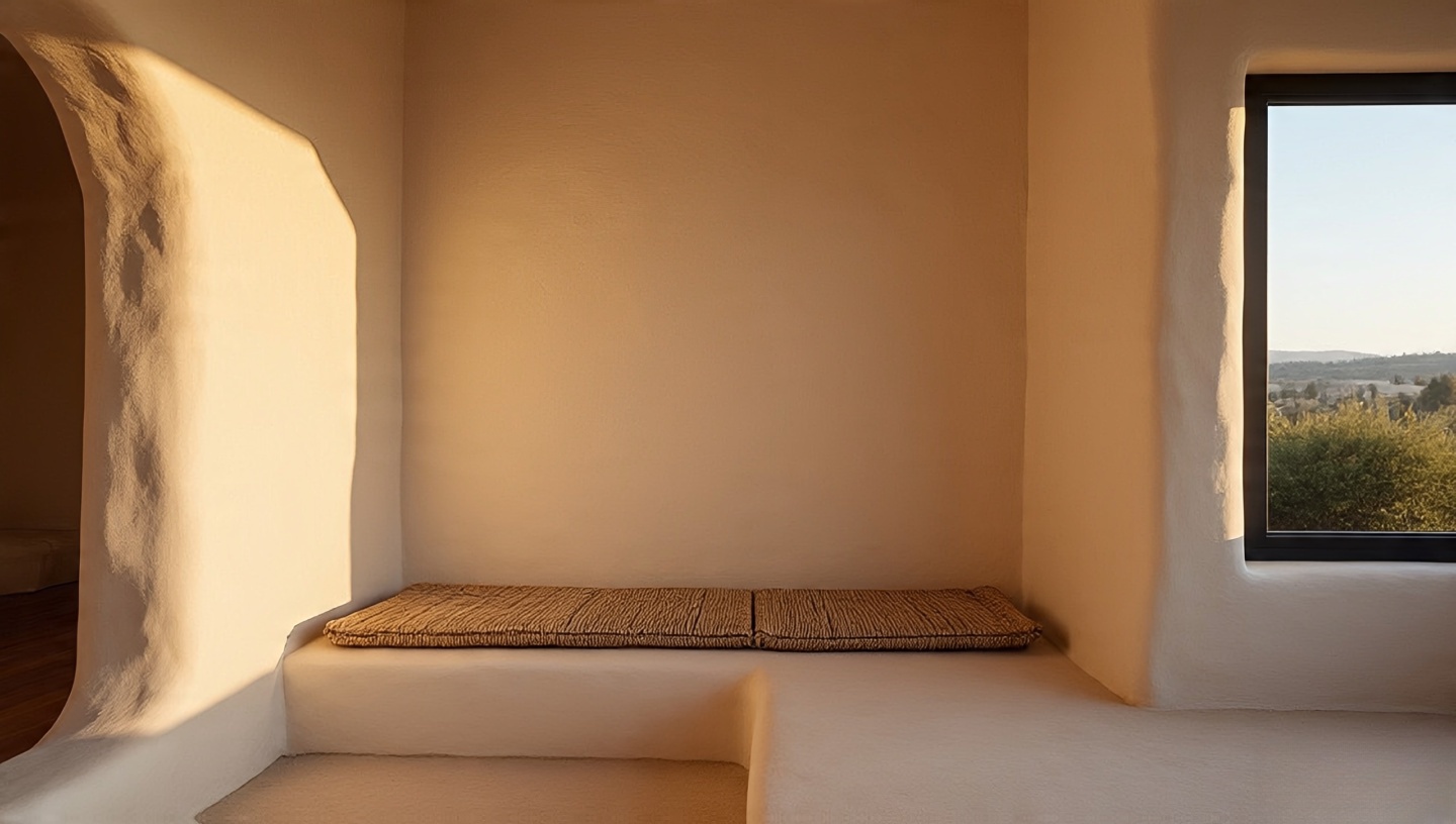 Modern living space with textured plaster adobe-inspired walls showing natural unevenness and warmth