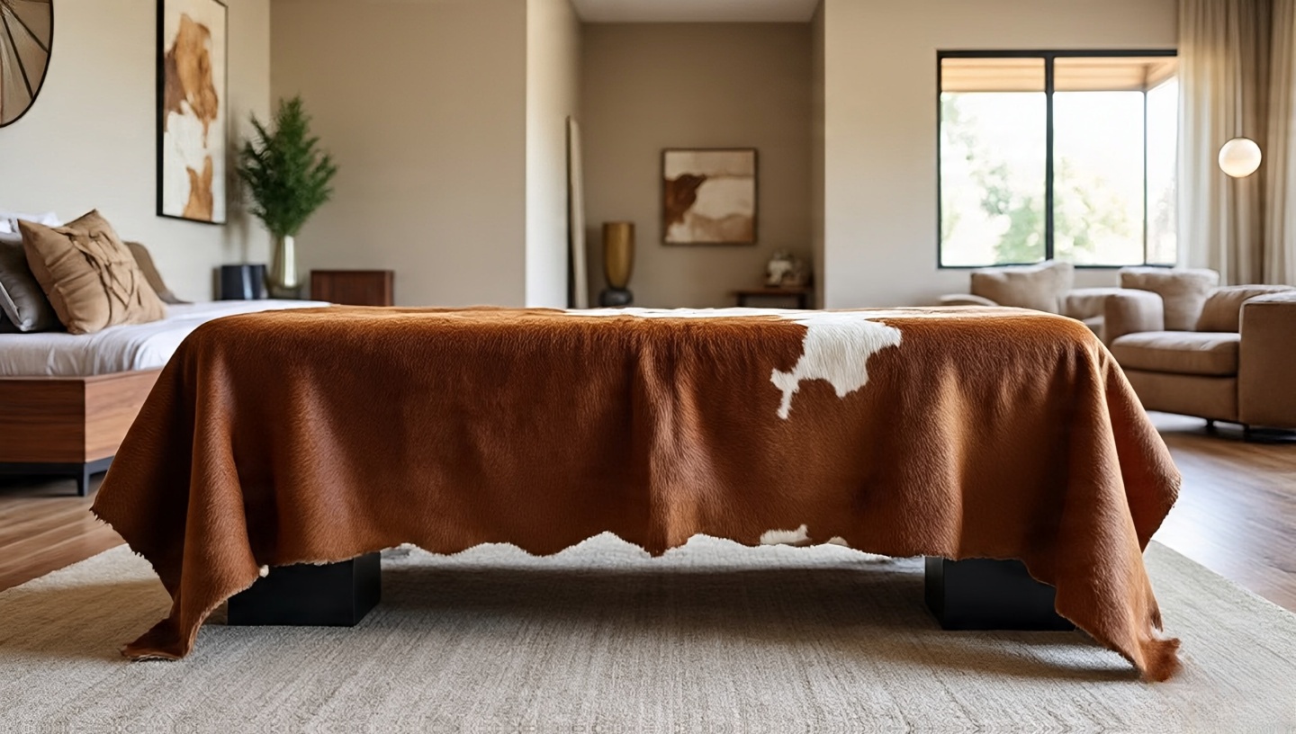 Cowhide upholstered bench in a Southwestern style entryway for practical and stylish seating