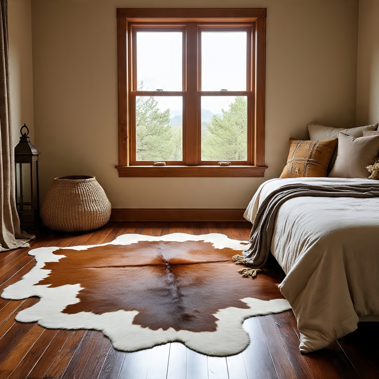 Cowhide rug in Southwestern style bedroom floor