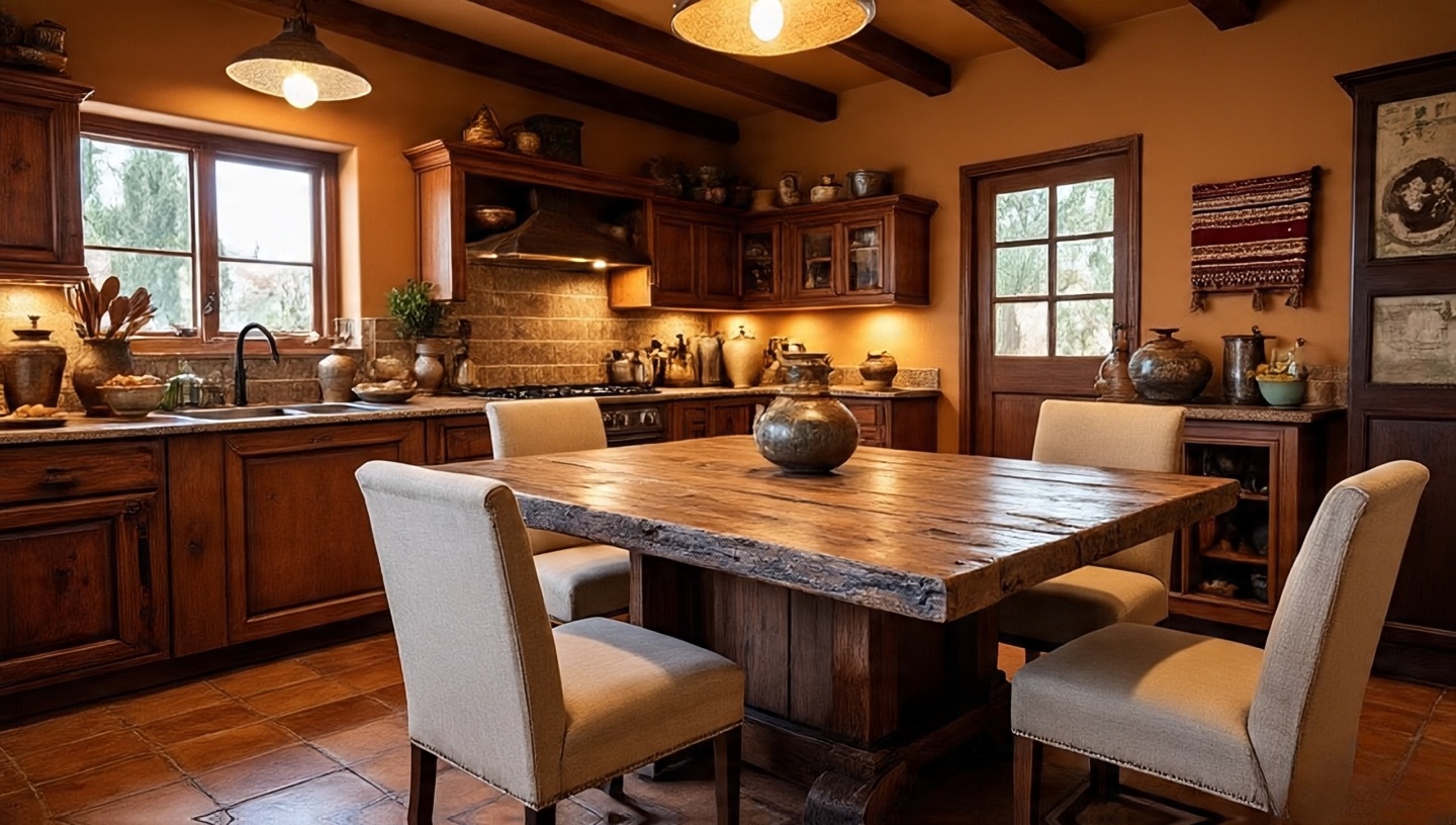 Distressed wooden farmhouse table in a Southwestern kitchen
