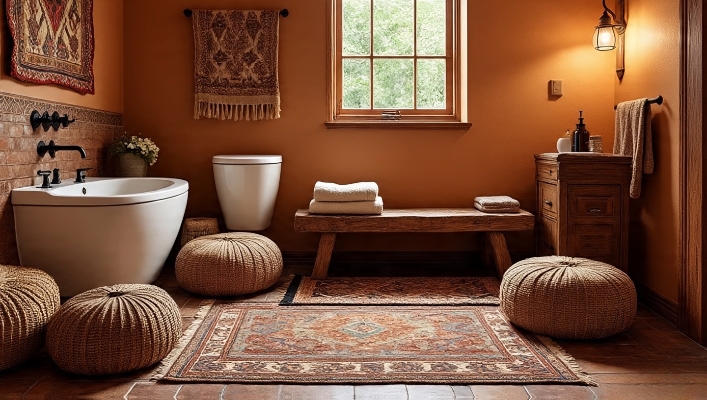 Lounge-like bathroom with layered Southwestern rugs, bench seating and warm lighting