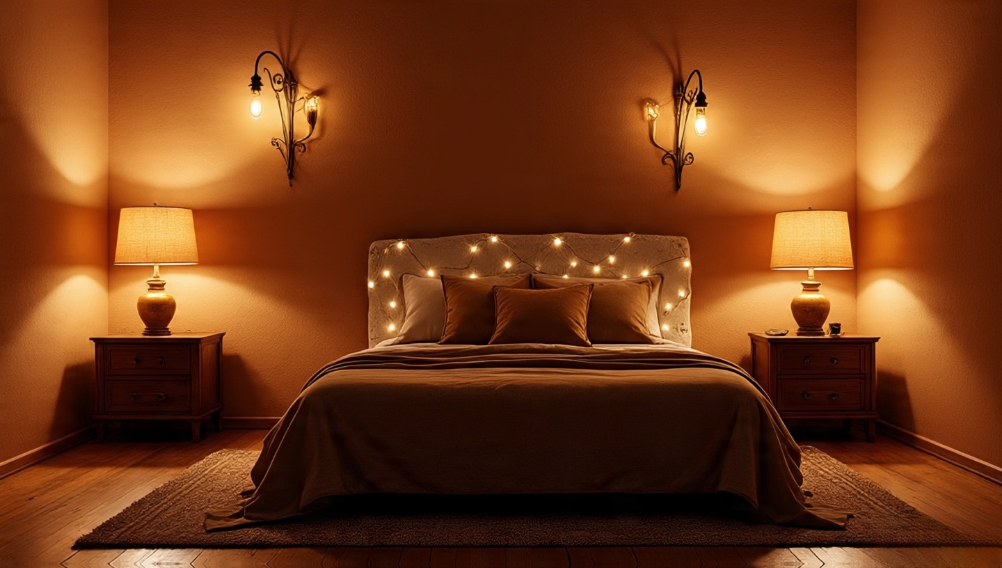 Firelight-inspired Southwestern bedroom lighting with amber table lamps and iron sconces