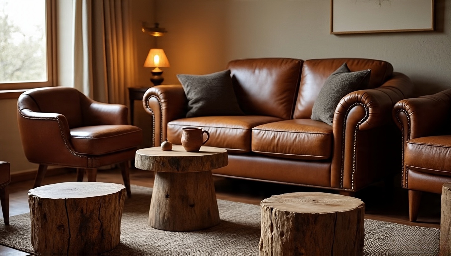 Side tables and tree-slice stools placed beside every seat to land a mug or book—spill-friendly layout