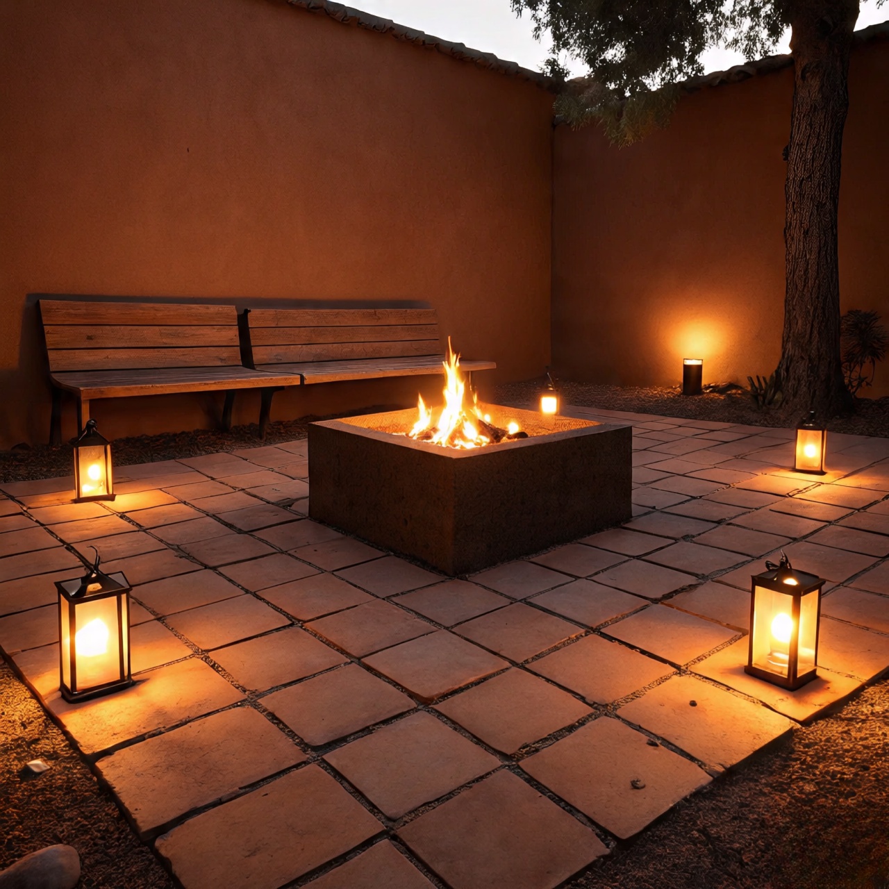 Cozy backyard fire pit with lanterns and clay tiles reflecting warm Southwestern light