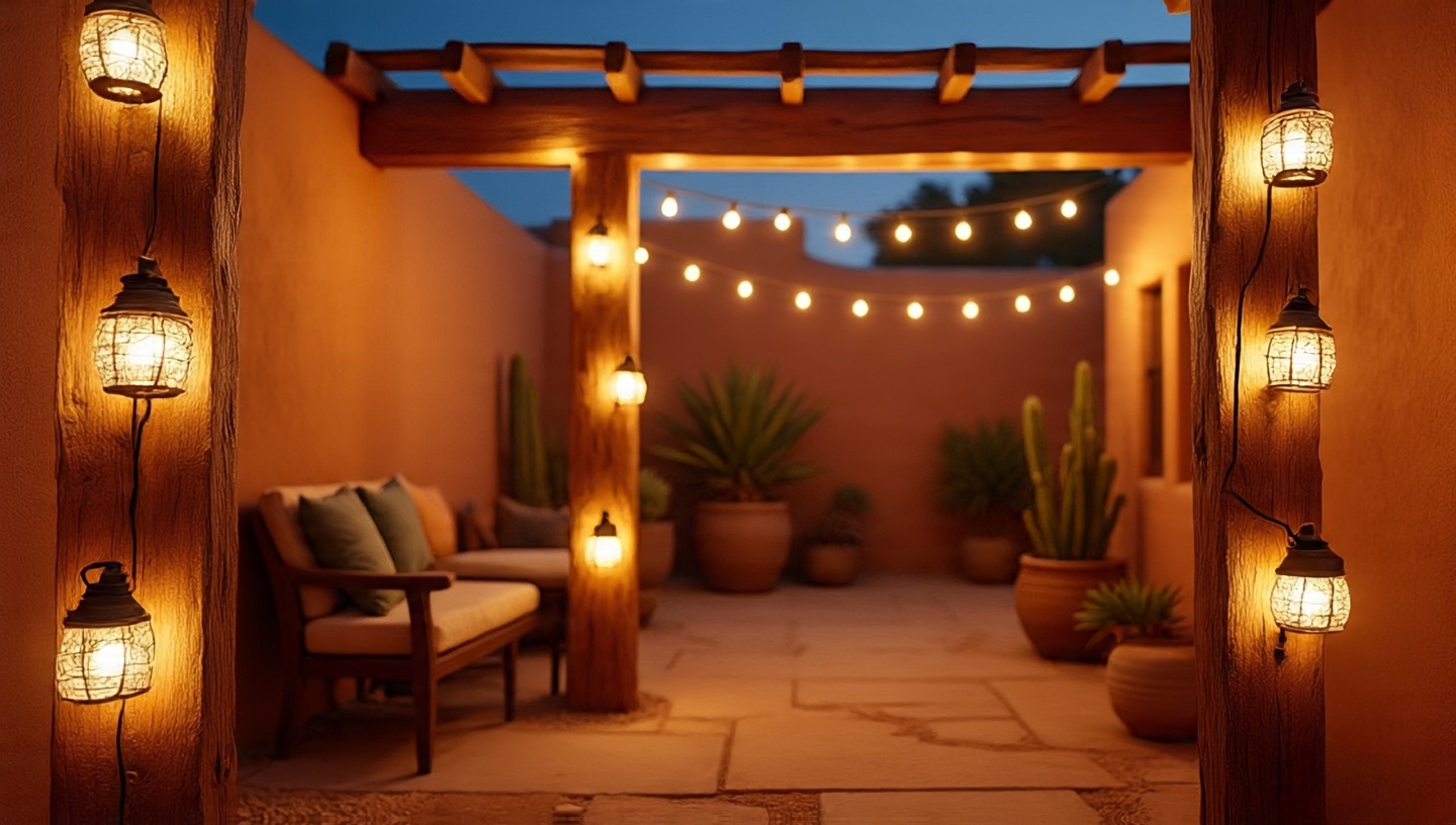Warm string lights draped over Southwestern patio creating desert sunset ambiance