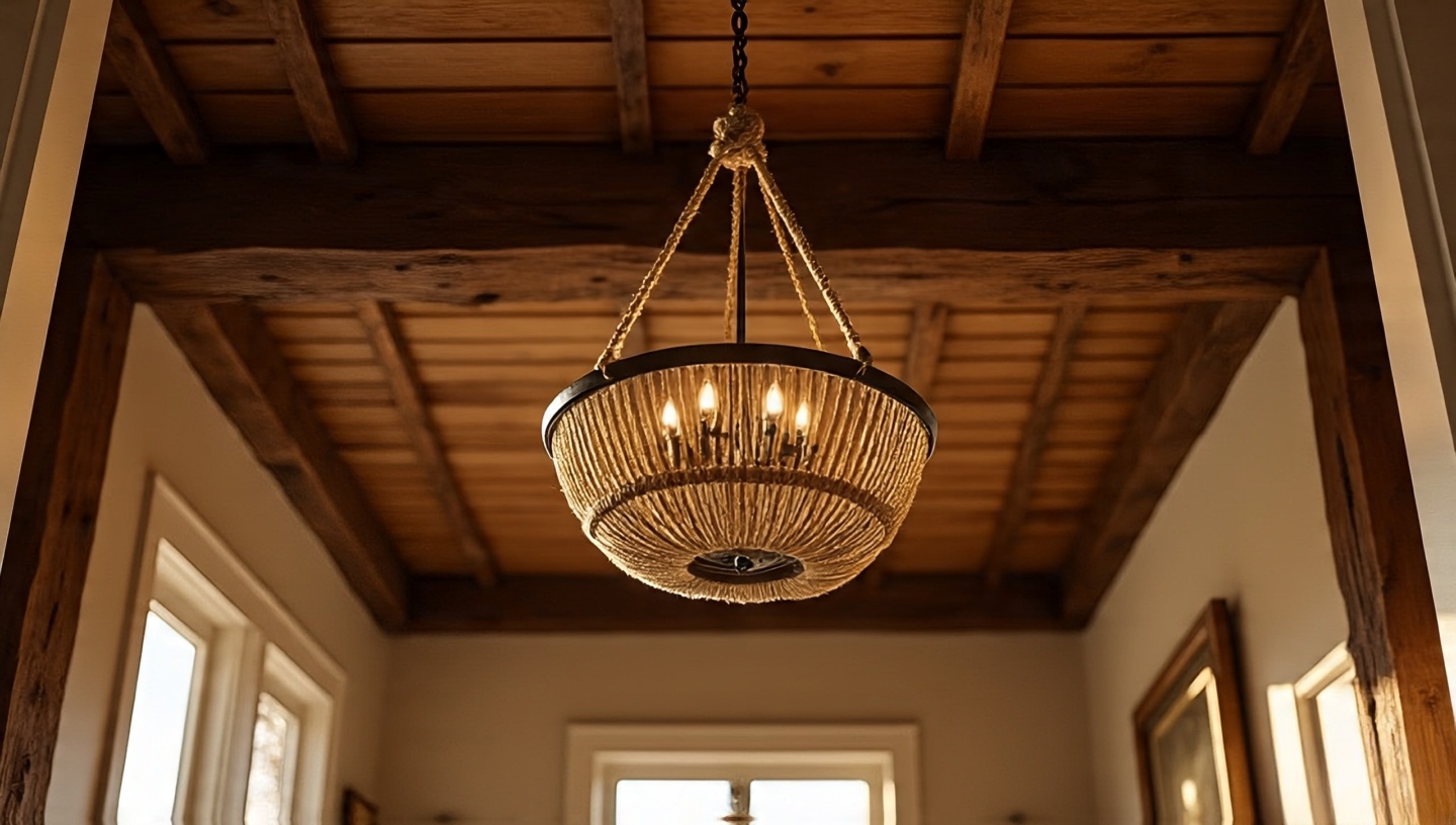 Tall entryway photographed from below with a rope-wrapped chandelier