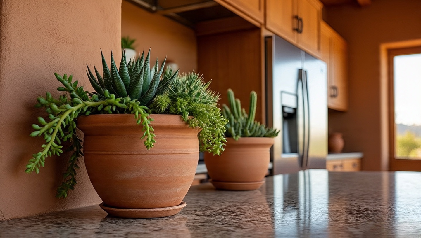 Southwestern kitchen with cacti and succulents in terracotta planters