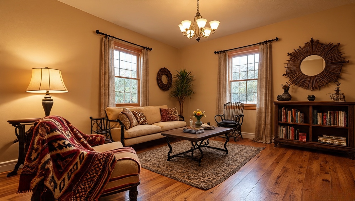Warm Beige with Black Iron Southwestern Living Room