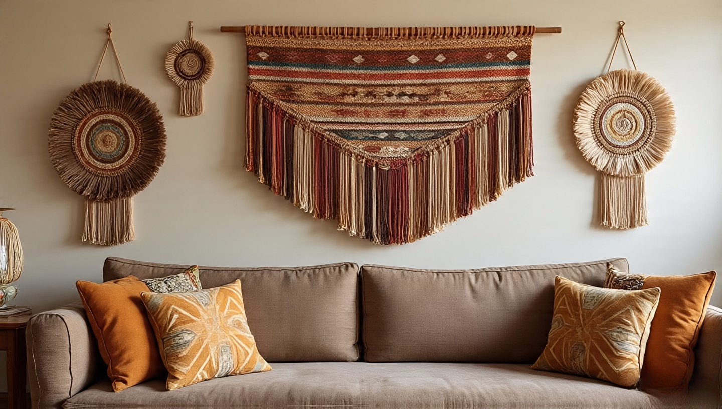 Large Navajo-inspired woven wall hanging above Southwestern-style sofa