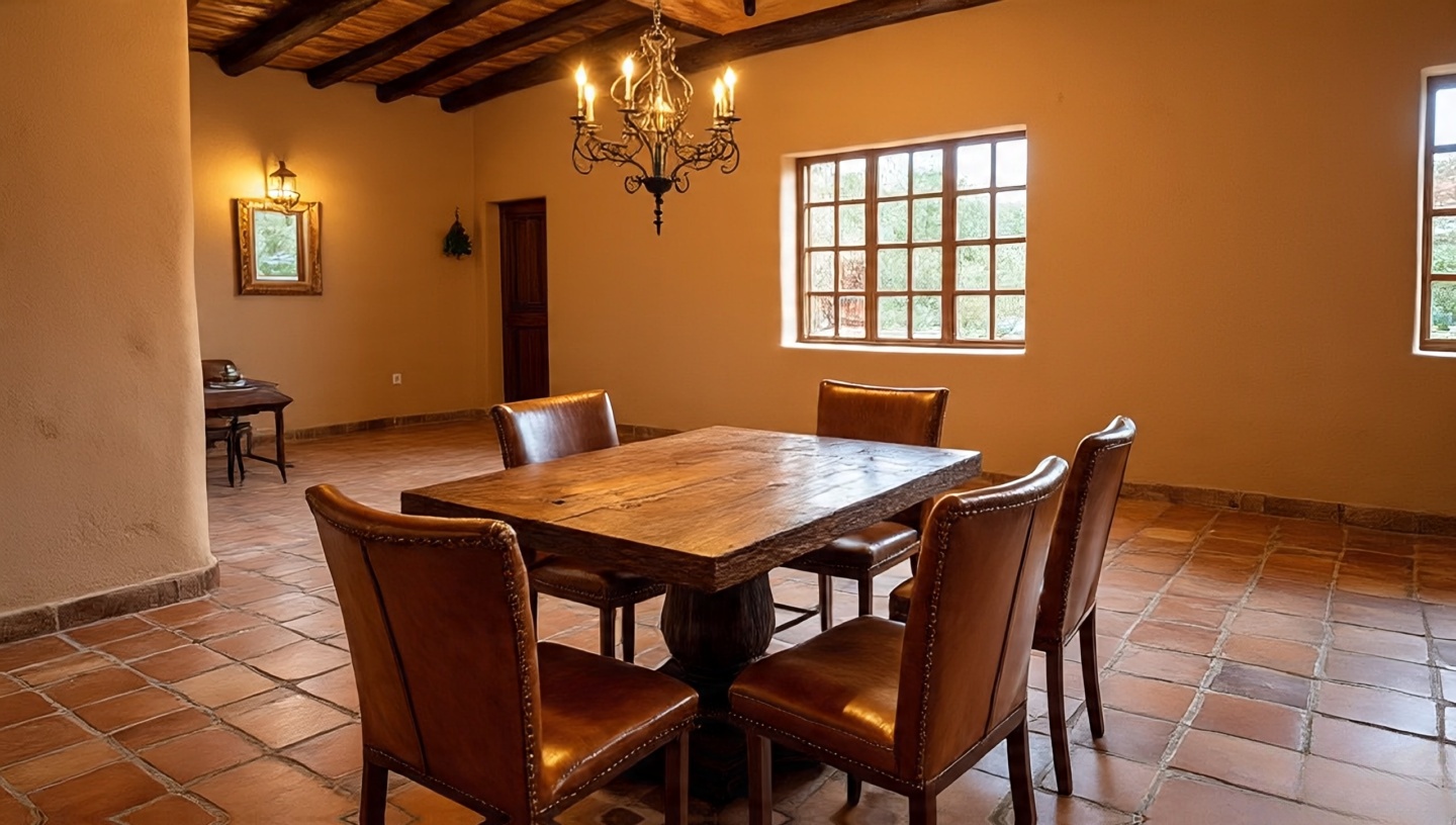 Wide composition emphasizing handmade Saltillo tile flooring in a dining room