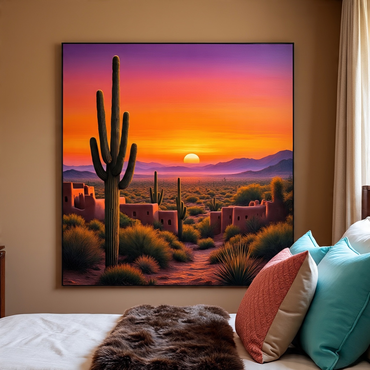 Desert landscape artwork in Southwestern bedroom