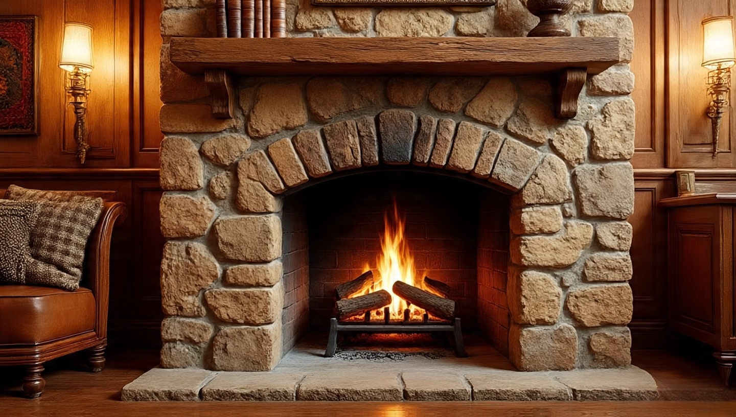 Stacked stone fireplace wall in Southwestern living room