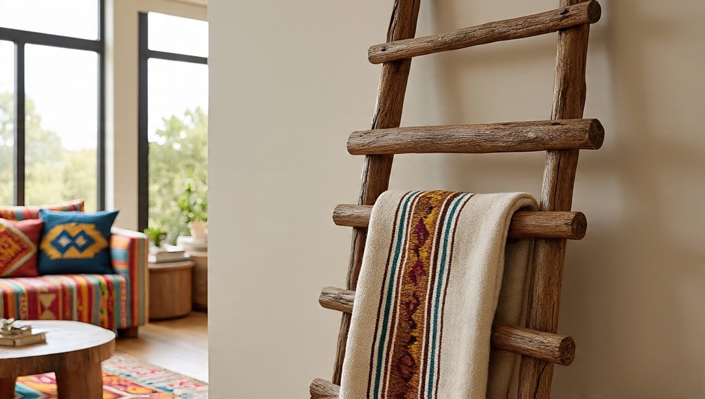 Rustic wooden blanket ladder leaning against a wall displaying Southwestern woven textiles