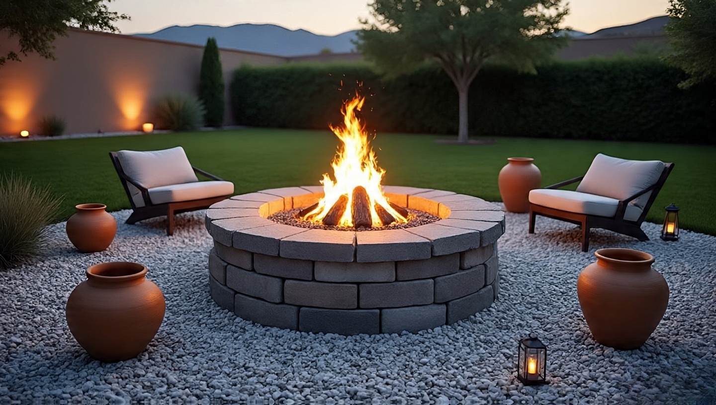 Budget-friendly DIY stacked-stone fire pit with gravel yard and simple rustic chairs