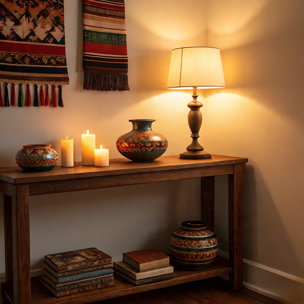 Dimmer switches, candles, and art spotlights used to fine-tune Southwestern mood lighting