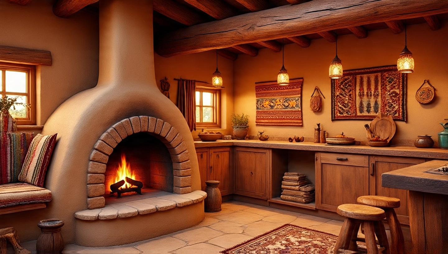 Adobe-style fireplace with rustic mantel in a kitchen