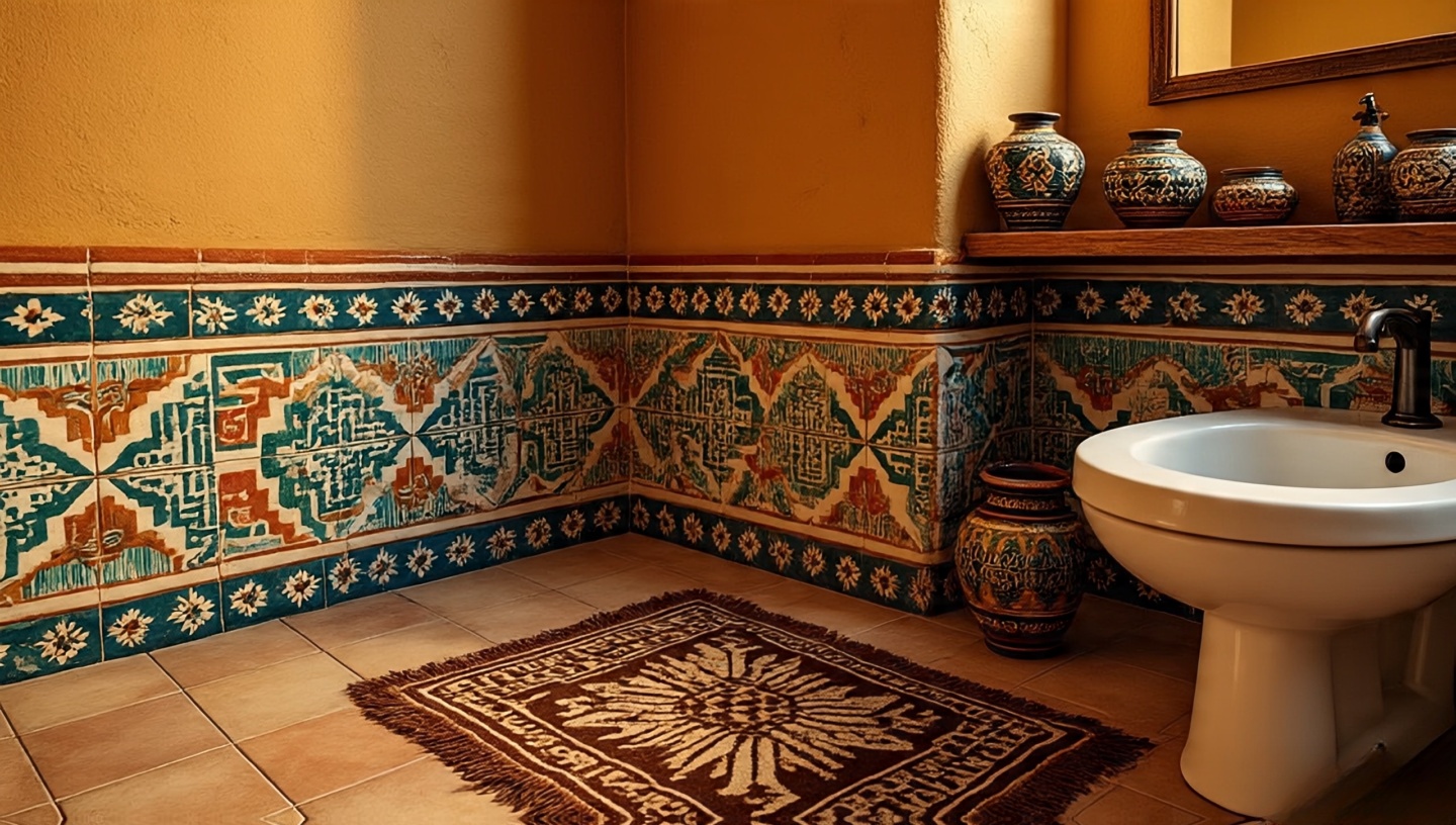 Southwestern bathroom corner with Talavera tiles, Pueblo stucco and Native-inspired textile rug
