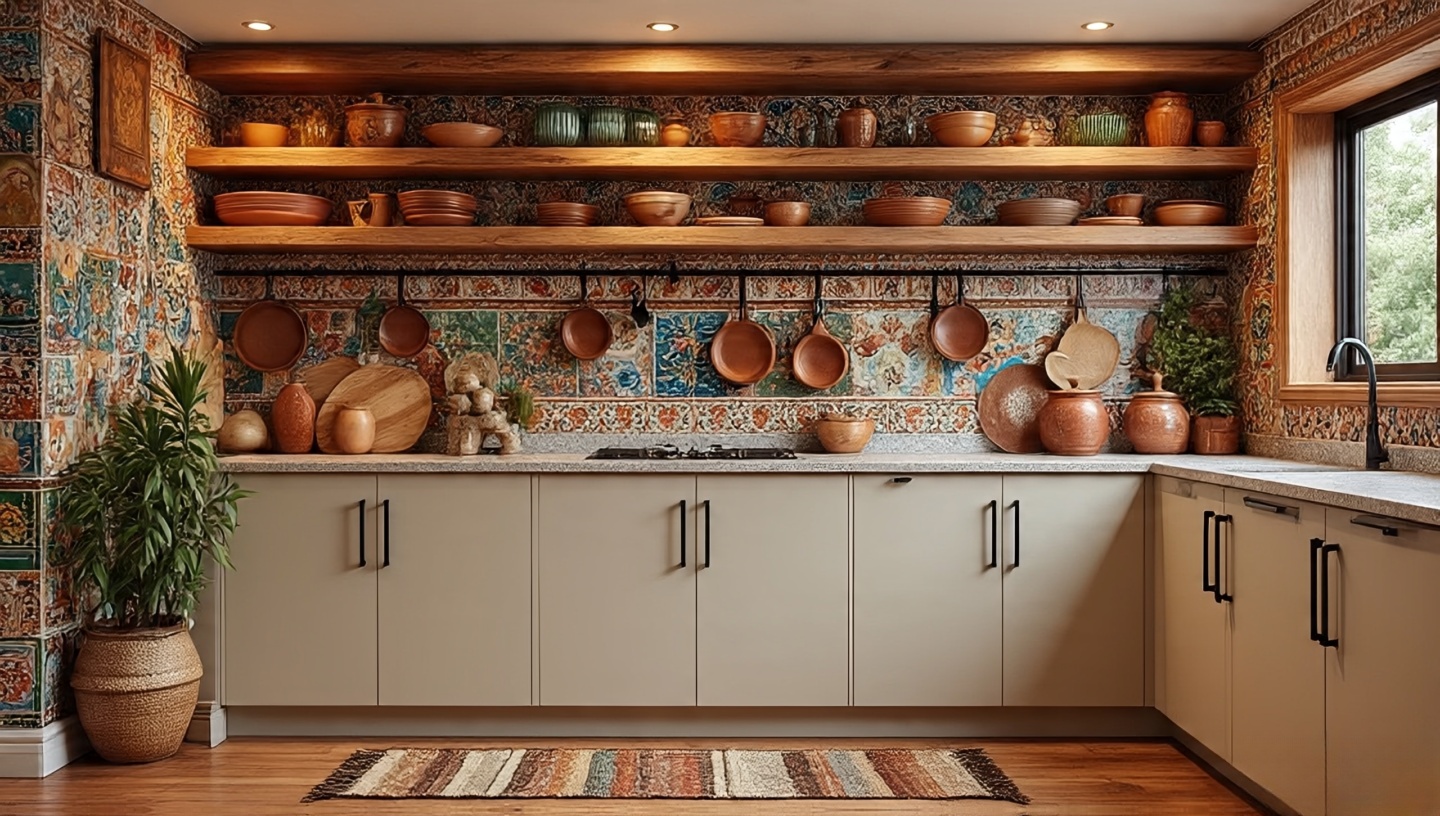 Southwestern kitchen with open wood shelving, Talavera tile backsplash and hanging copper cookware