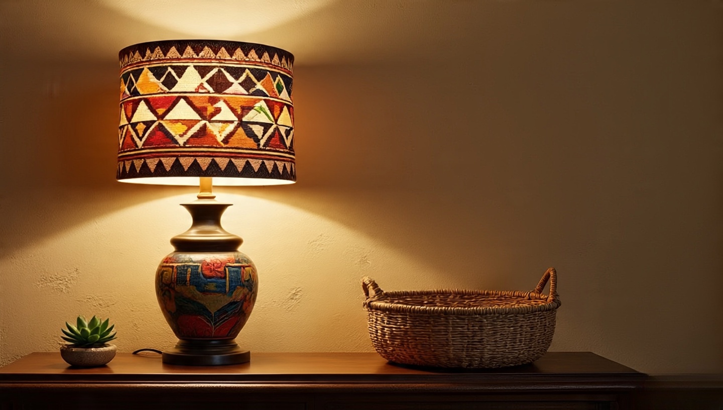 Table lamp with a Navajo-inspired patterned fabric shade in a Southwestern living room