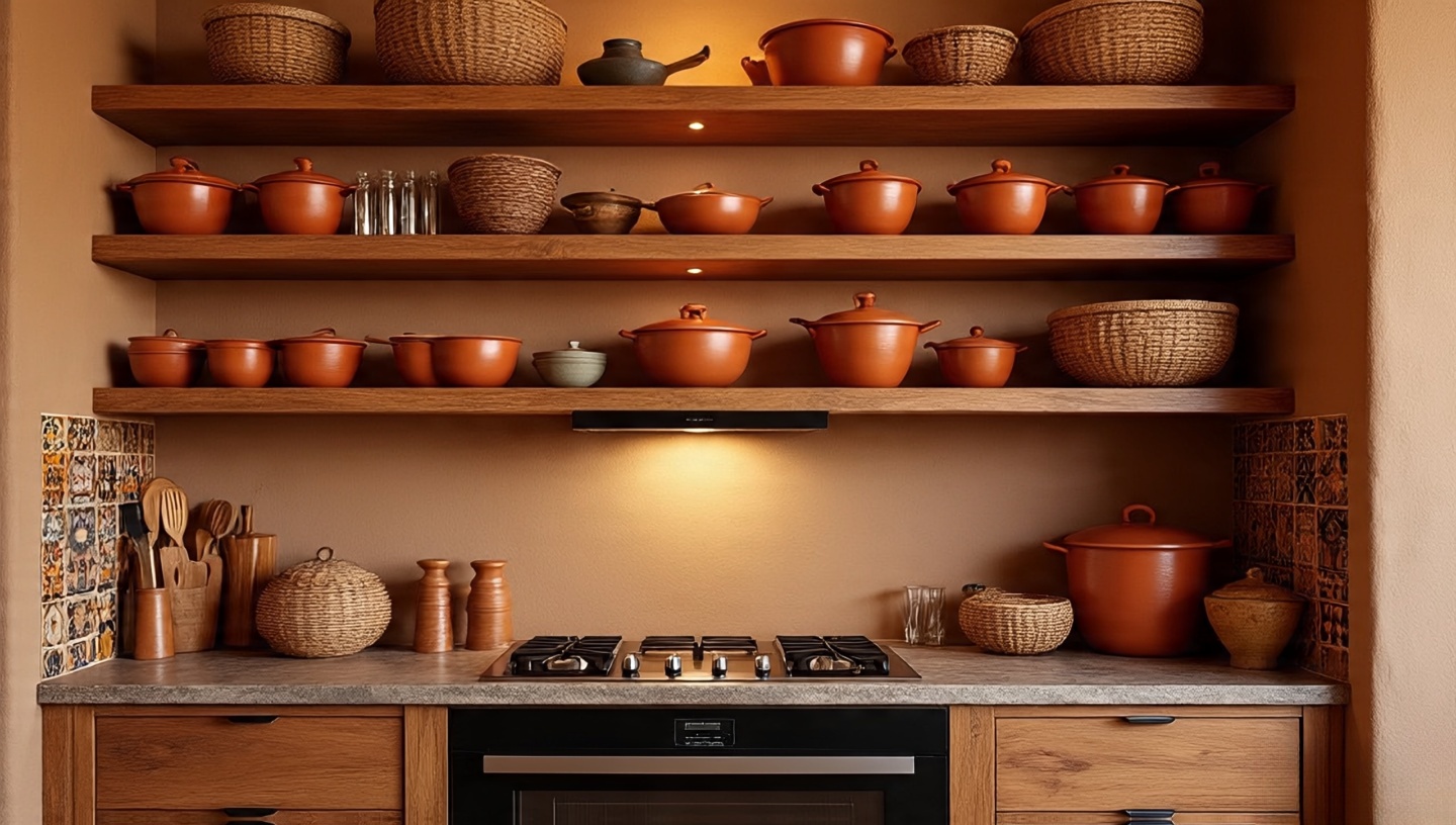 Southwestern kitchen with rustic open shelving and modern microwave