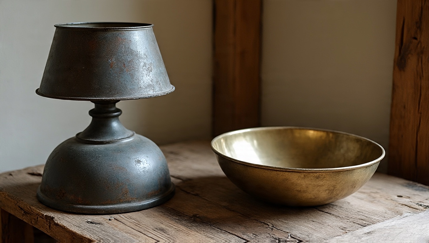 Mixed metals vignette: raw steel lamp, burnished brass bowl, and aged iron candleholder with natural patina