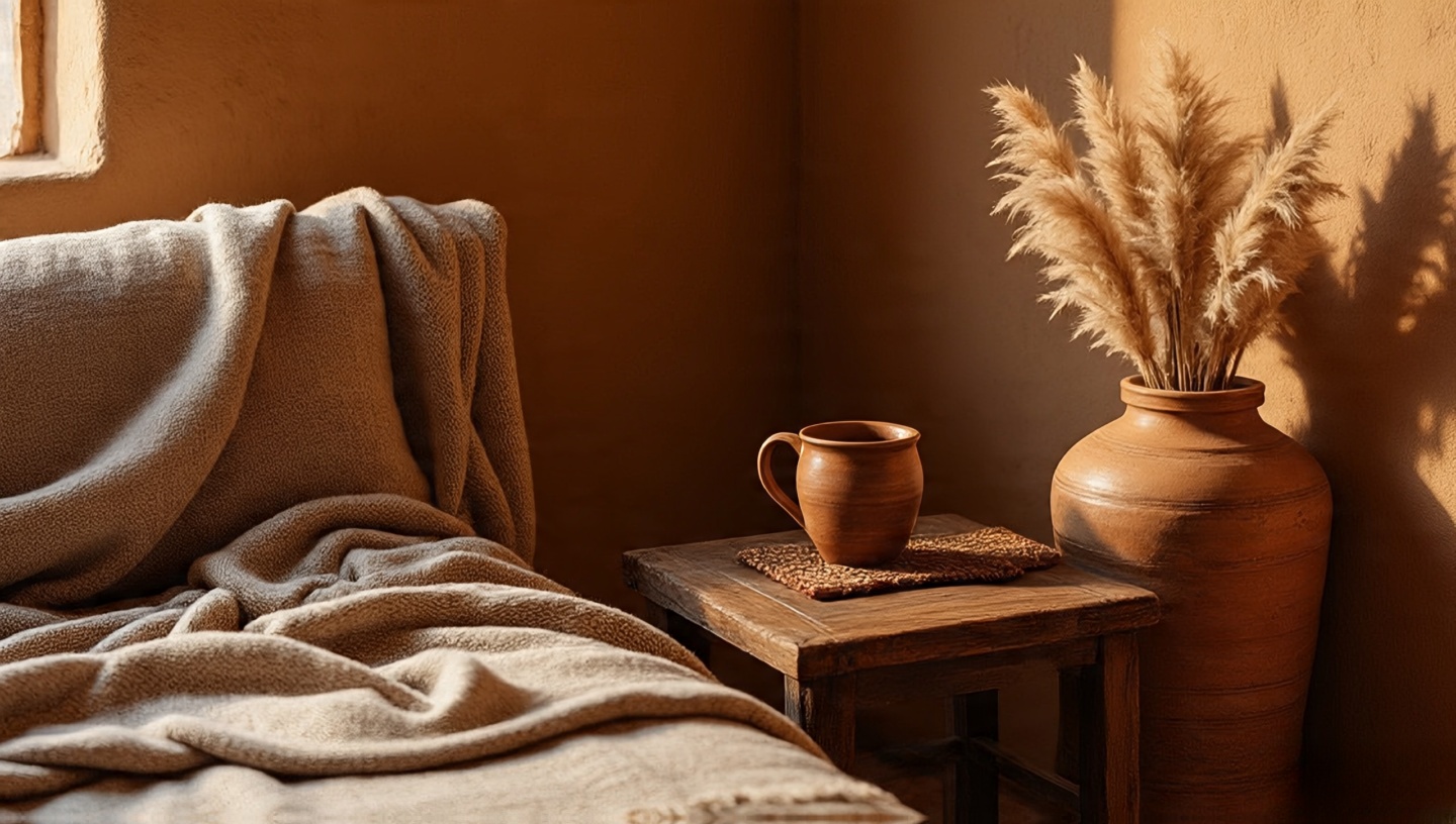 Cozy Southwestern bedroom corner with clay mug, woven coaster and terracotta pot