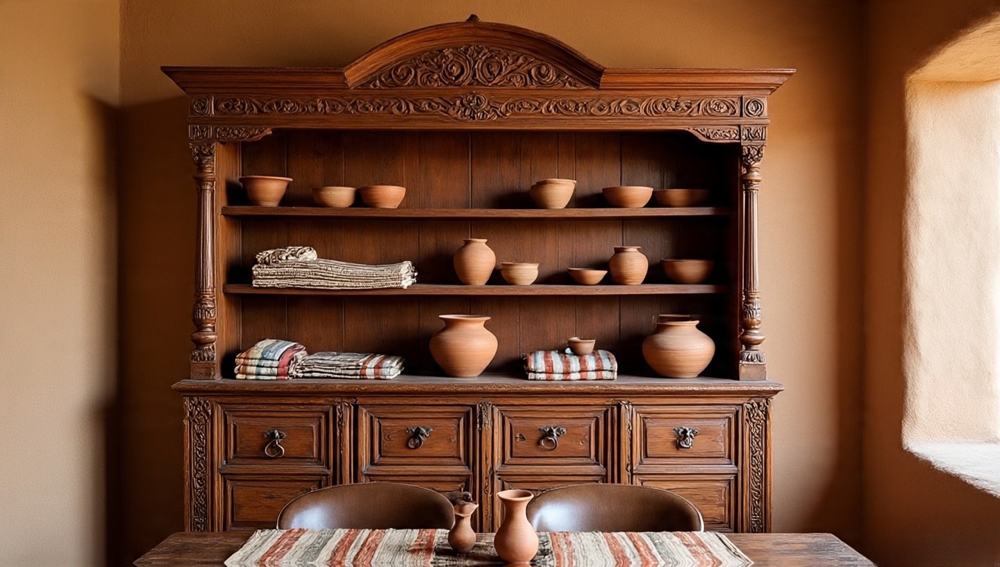Focus on a hand-carved wooden hutch used for storage and display in a dining room