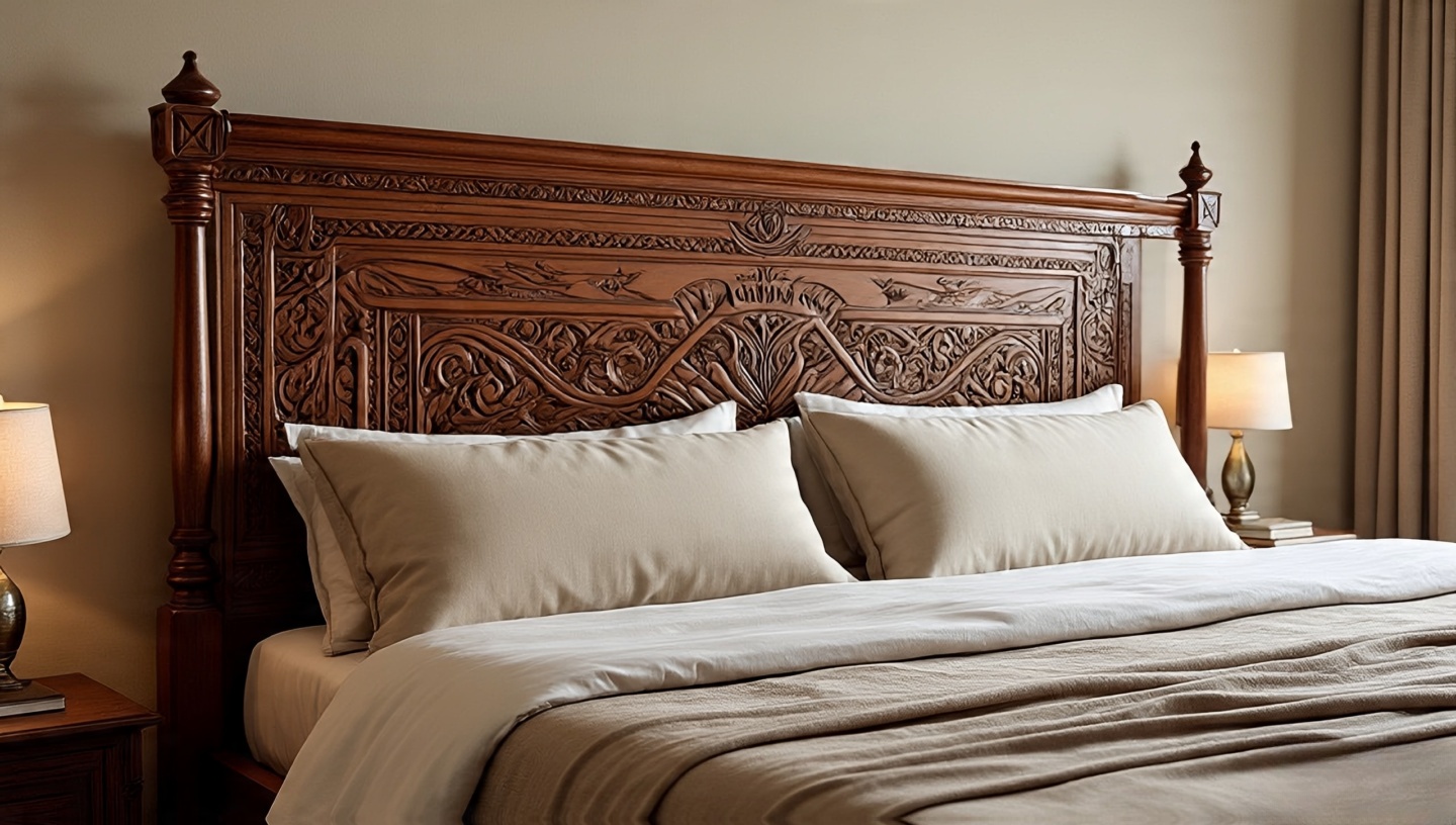 Hand-carved wooden headboard with intricate relief carvings as a statement in a Southwestern bedroom