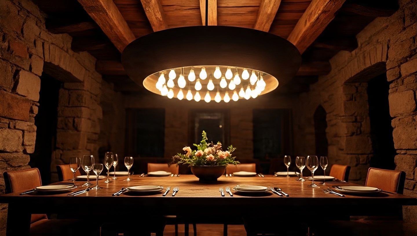 Dramatic dining hall with a large fire bowl-inspired ceiling light creating a warm campfire glow