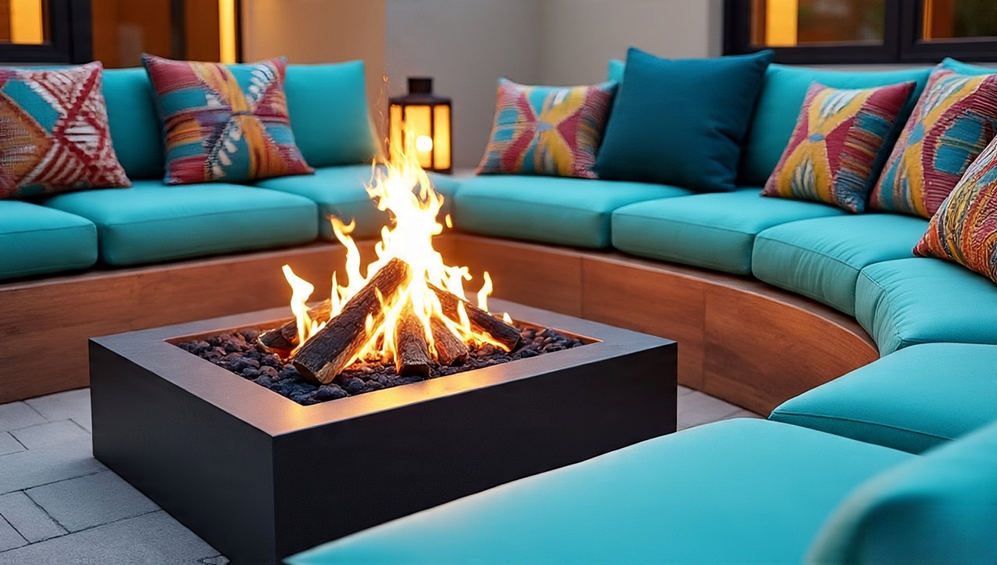 Seasonal styling around a fire pit with summer turquoise accents and winter wool blankets and lanterns