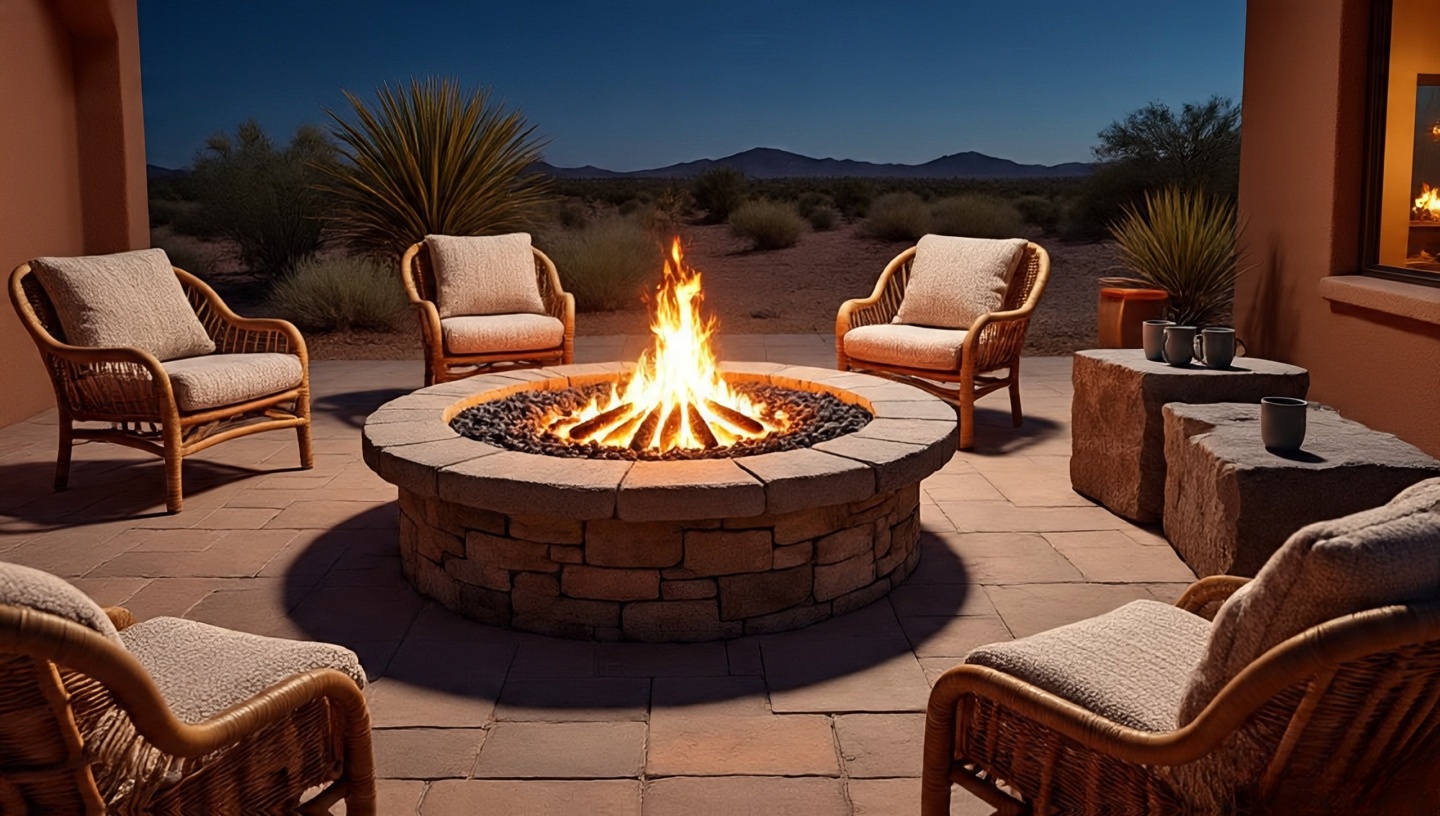 Outdoor fire pit with lava rocks and close half-circle seating, wool throws and low table for mugs