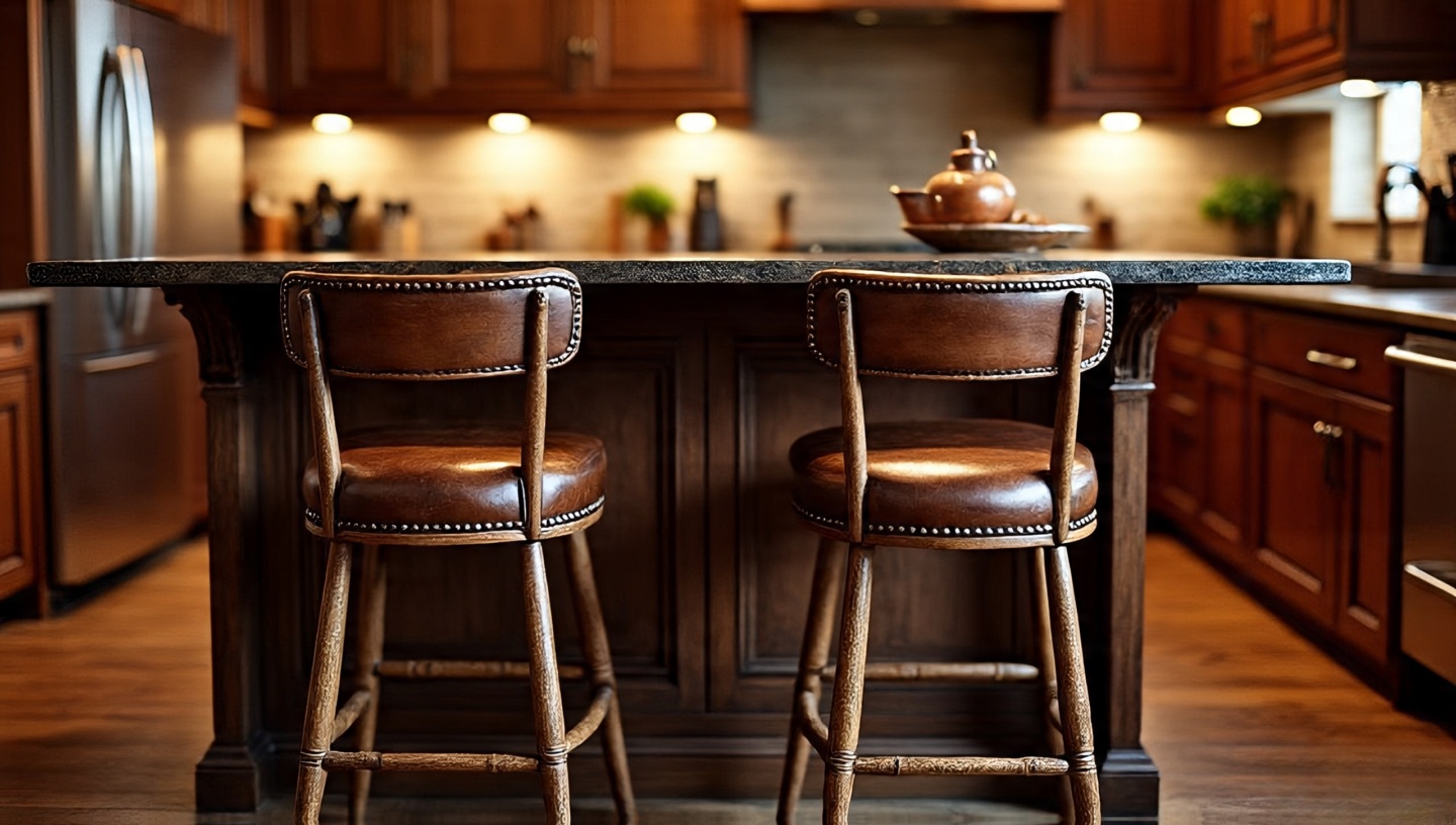 Brown leather barstools with nailhead trim at a kitchen island