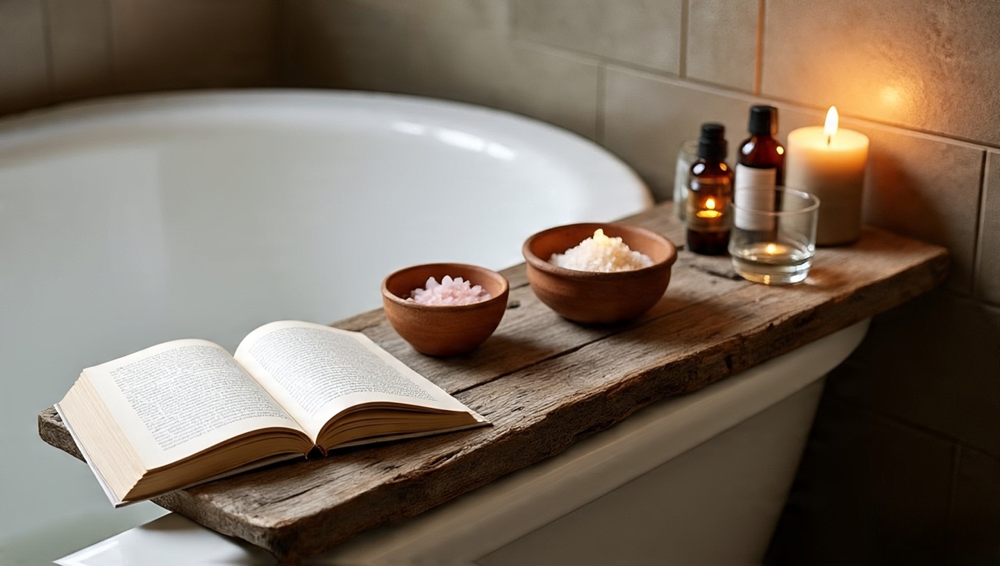 Bathtub tray with wooden plank, candle, book, glass and ceramic bottles for spa luxury