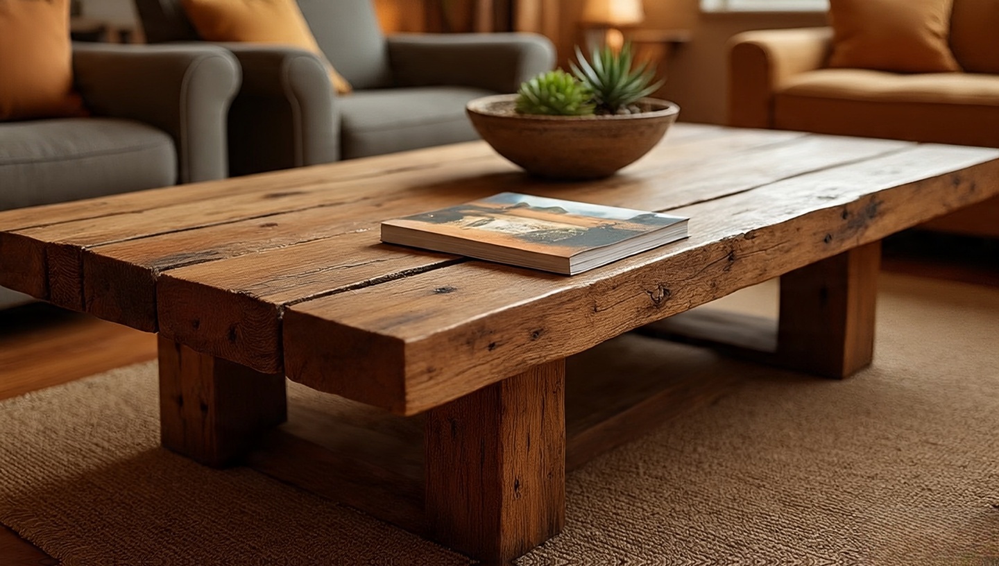 Low reclaimed wood coffee table with pottery bowl and desert photography book