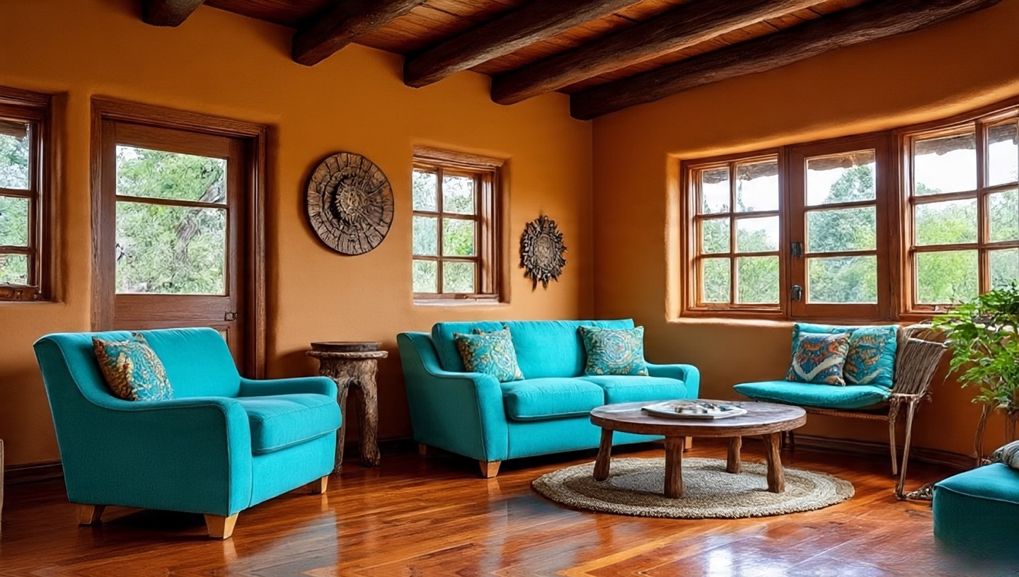 Turquoise accent decor and accessories contrasting with earthy tones in Southwestern design