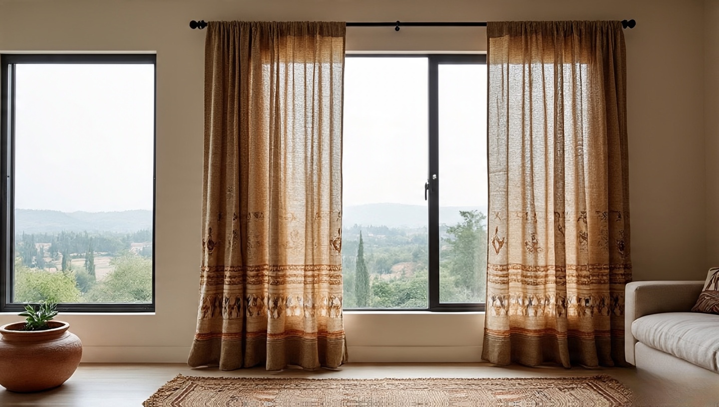 Lightweight tribal print curtains in earthy tones framing natural light in Southwestern living room
