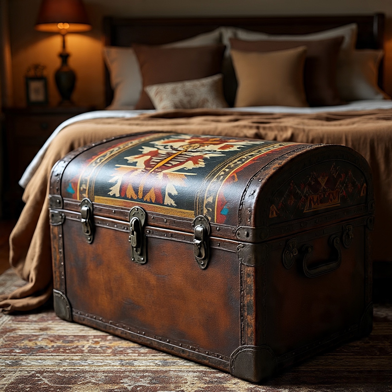 Vintage storage trunk at foot of Southwestern style bed