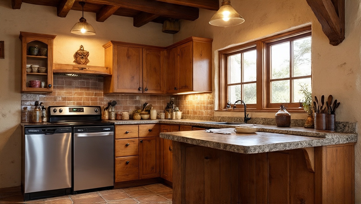 Southwestern kitchen mixing rustic wood cabinets with stainless steel appliances