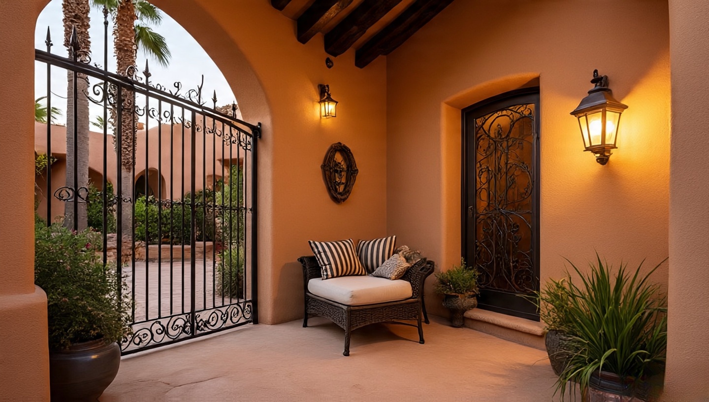 Decorative wrought iron elements on Southwestern patio including gates and lantern holders
