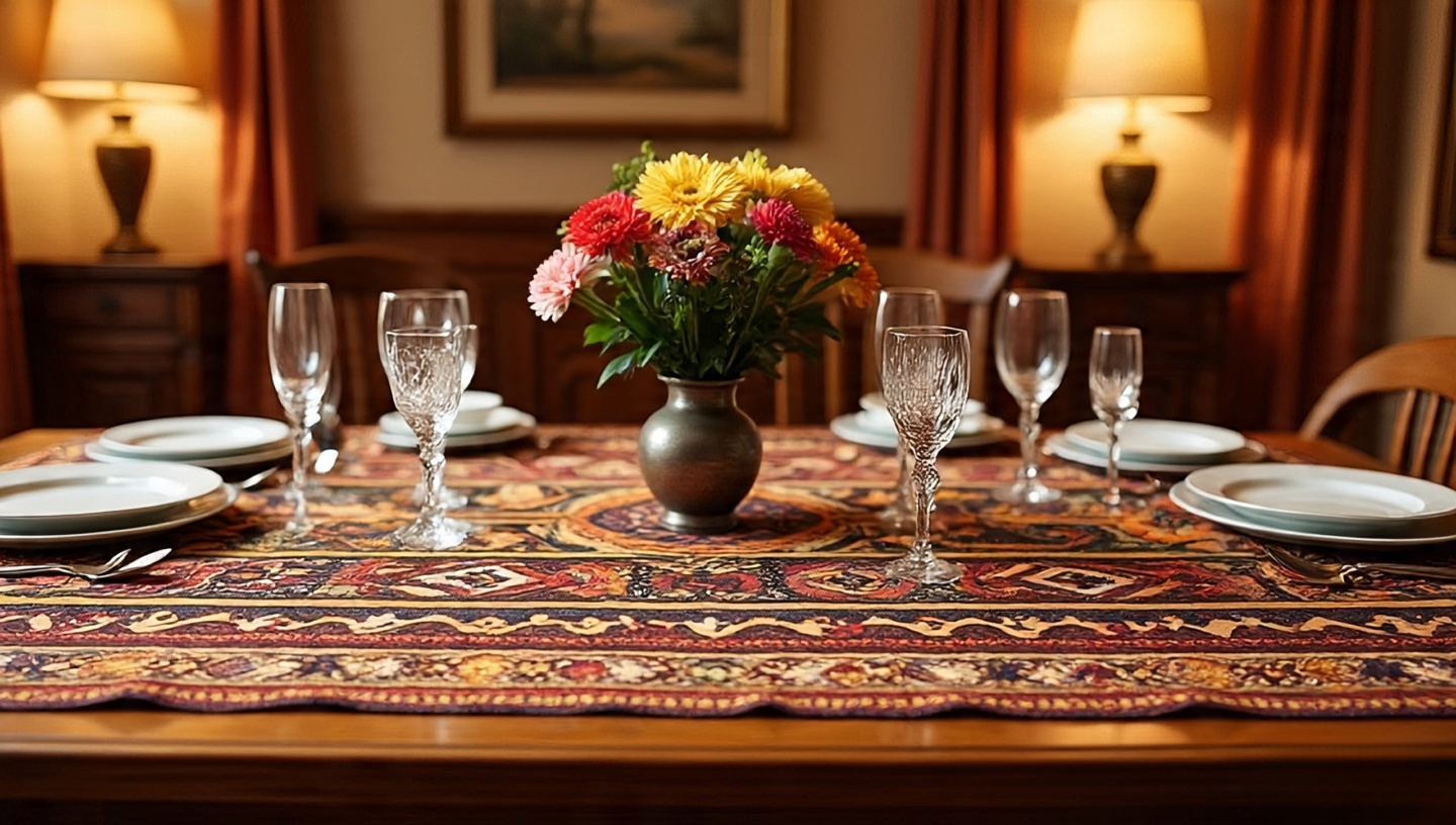 Top-angled view of a dining room table with a tribal print table runner