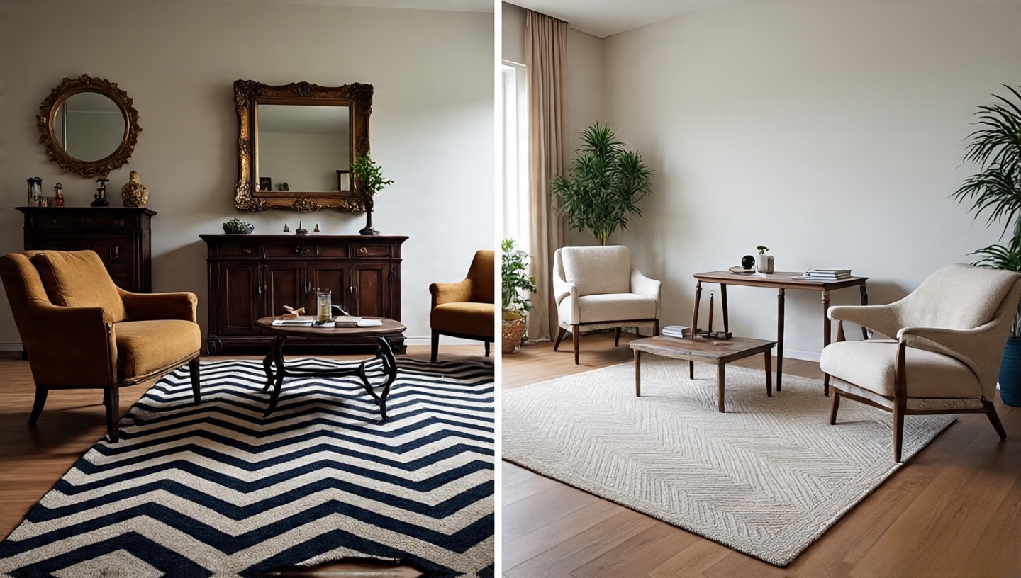 Split image comparison of chevron vs herringbone Southwestern rugs