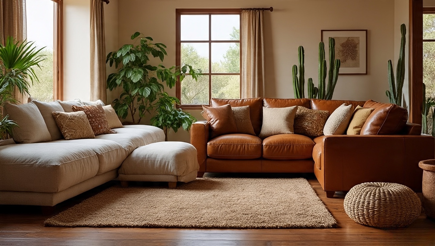 Southwestern style adapted to climate—linen and cotton for humidity; leather and wool for dry, sunny homes