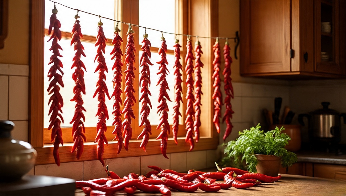 Strings of dried red chili peppers hanging in a Southwestern kitchen