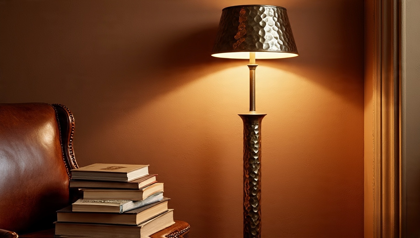 Interior corner with a tall forged metal floor lamp beside a leather chair