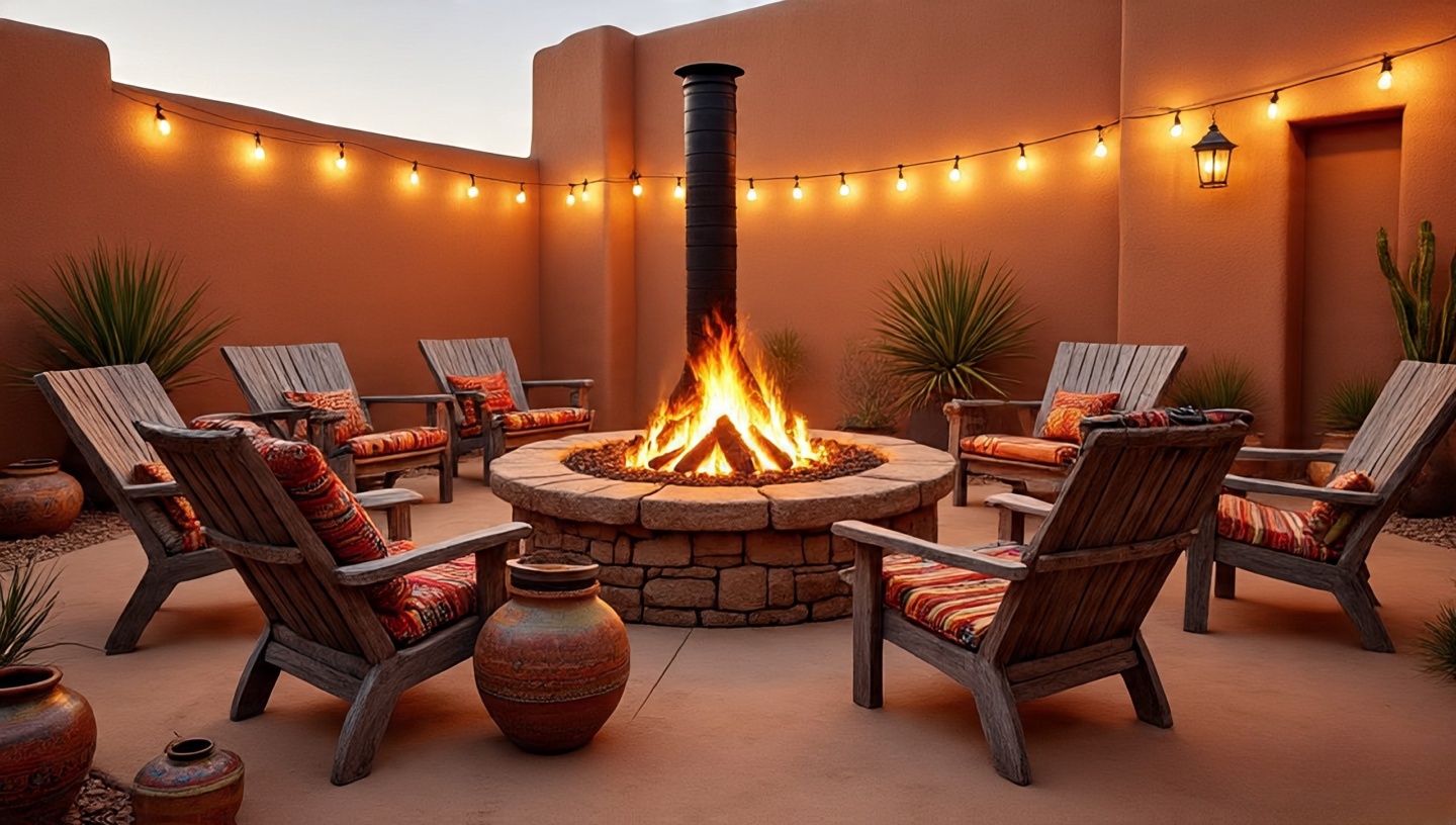 Community-ready fire pit arrangement with multiple chairs string lights and pottery accents
