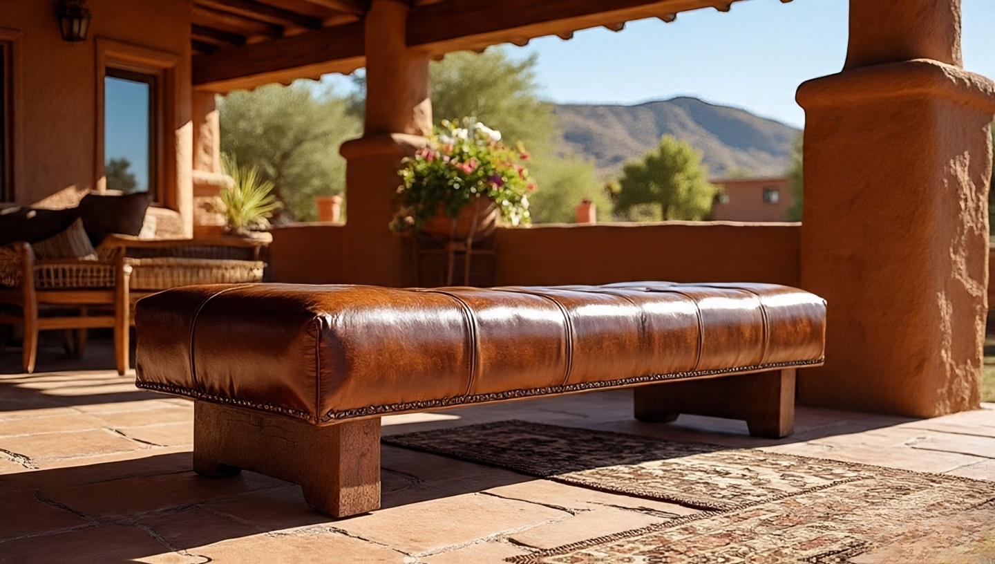 Aged leather seating complementing Southwestern patio design with natural textures