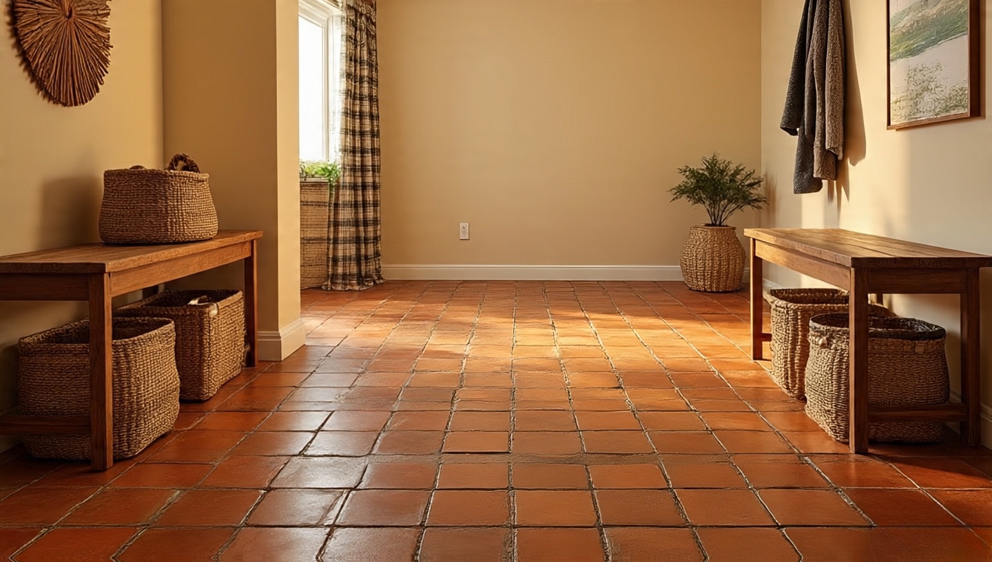 Warm terracotta floor tiles with modern furniture creating balance in Southwestern entryway